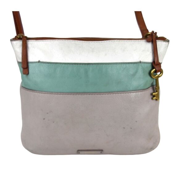 FOSSIL GRAY BLUE WHITE GENUINE LEATHER CROSSBODY ORGANIZER SHOULDER BAG PURSE - Picture 2 of 16